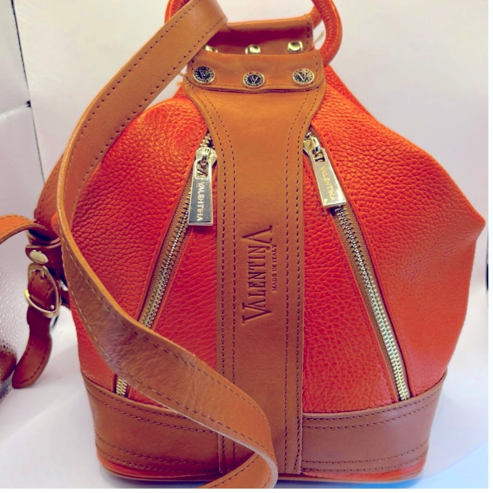 Valentina Orange Leather Bucket Bag Backpack